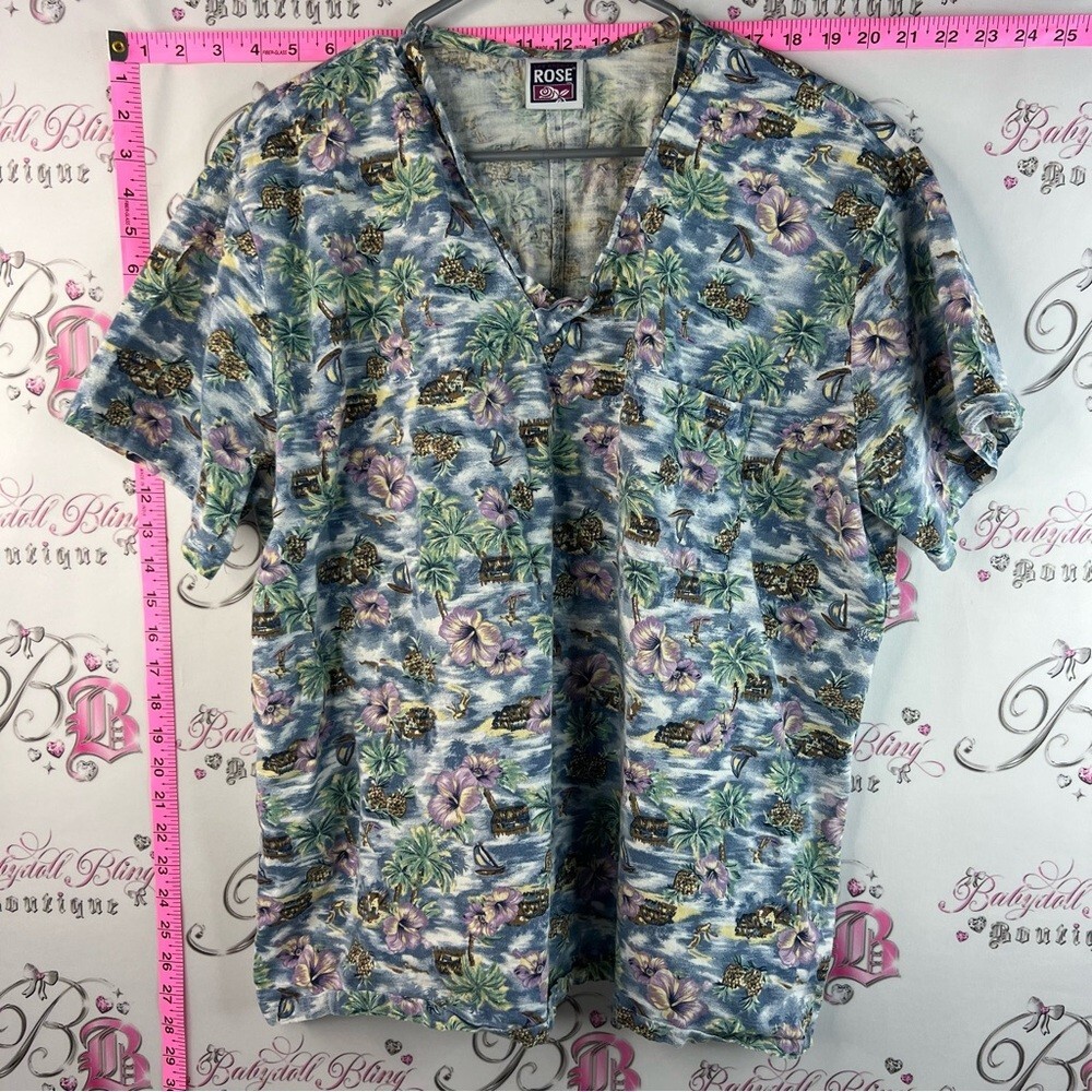 Rose scrubs top Blue Tropical Floral Short-Sleeve Shirt beach vintage scrubs